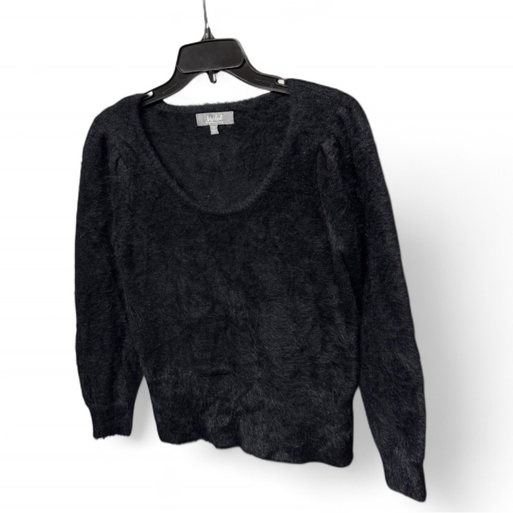 Marled by Reunited Clothing Fuzzy Scoop Neck Eyelash Knit Sweater Black, Size XS - Picture 3 of 7
